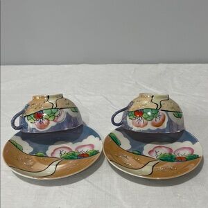 Vintage Japanese Takito Lusterware teacup and saucer set of 2 landscape pattern